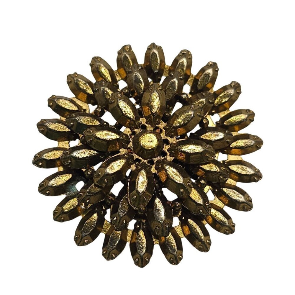Vintage Gold Rhinestone Floral Brooch Pin Round Design Gold Tone Metal